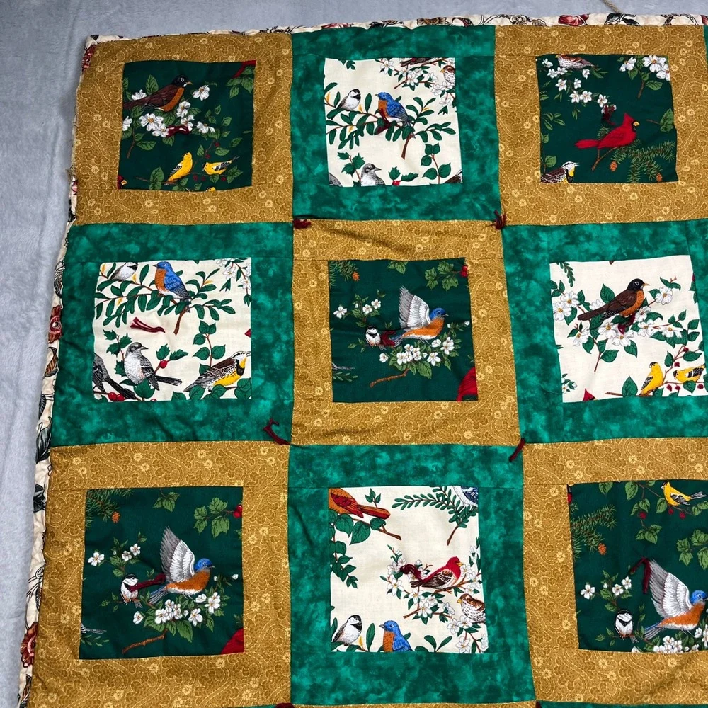 Handcrafted Bird Patchwork Tied Quilt 52x34 Green Gold Floral Reversable